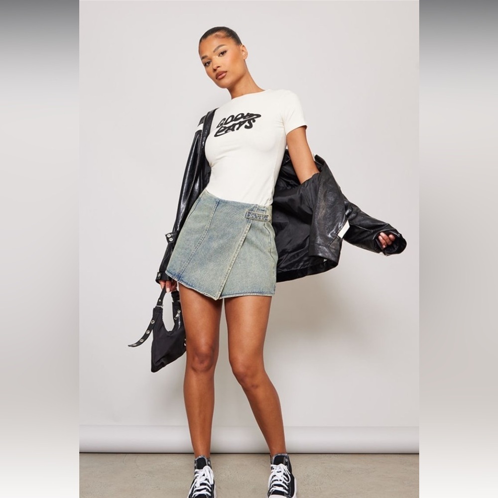NWT PLT Vintage Wash Denim Wrap Over Mini Skirt High Waisted Rise Y2K grunge